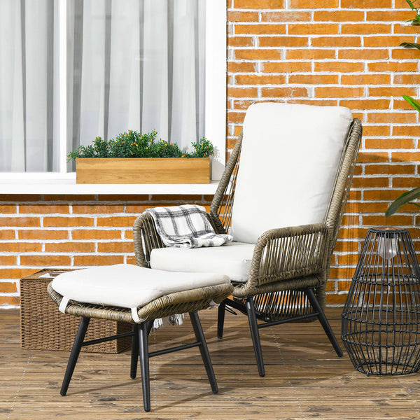 2 Pieces PE Rattan Patio Leisure Chair Set with Adjustable Backrest, Outdoor Reclining Patio Chair and Footrest with Cushion, Khaki
