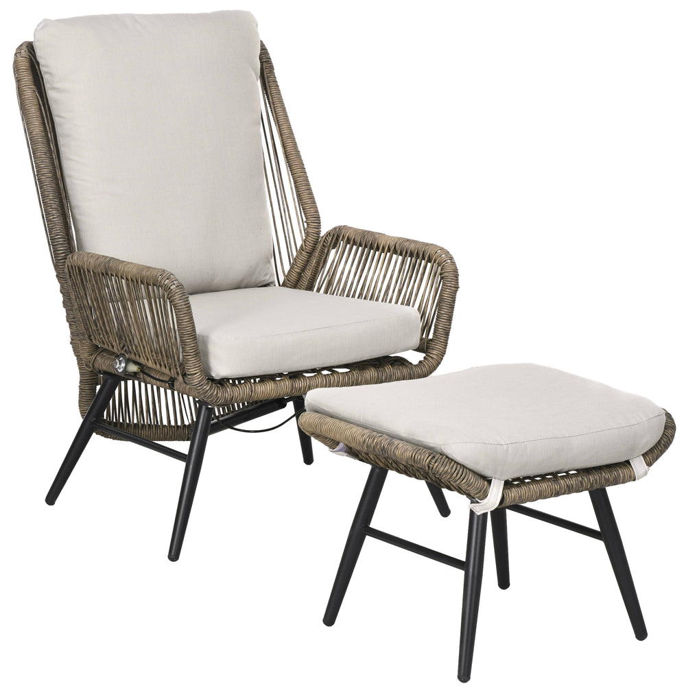 2 Pieces PE Rattan Patio Leisure Chair Set with Adjustable Backrest, Outdoor Reclining Patio Chair and Footrest with Cushion, Khaki