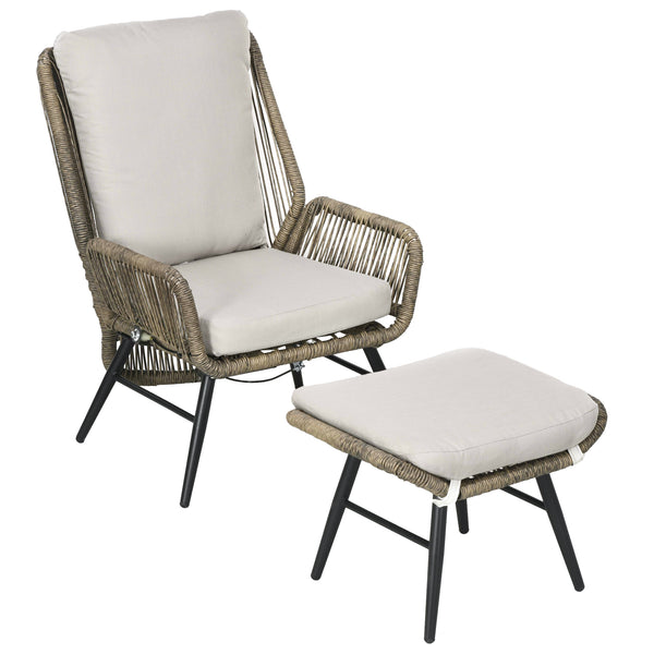2 Pieces PE Rattan Patio Leisure Chair Set with Adjustable Backrest, Outdoor Reclining Patio Chair and Footrest with Cushion, Khaki