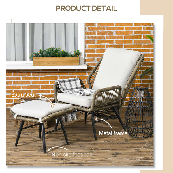 2 Pieces PE Rattan Patio Leisure Chair Set with Adjustable Backrest, Outdoor Reclining Patio Chair and Footrest with Cushion, Khaki