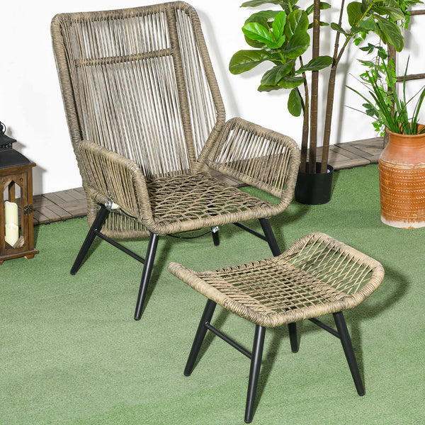 2 Pieces PE Rattan Patio Leisure Chair Set with Adjustable Backrest, Outdoor Reclining Patio Chair and Footrest with Cushion, Khaki