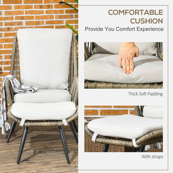 2 Pieces PE Rattan Patio Leisure Chair Set with Adjustable Backrest, Outdoor Reclining Patio Chair and Footrest with Cushion, Khaki
