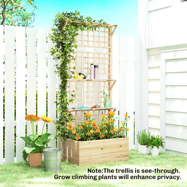 Wooden Raised Garden Bed with Trellis and Roof, Elevated Outdoor Planter Box with 2 Shelves, Drainage Hole and Liner for Climbing Plants Vegetables Flowers, Natural