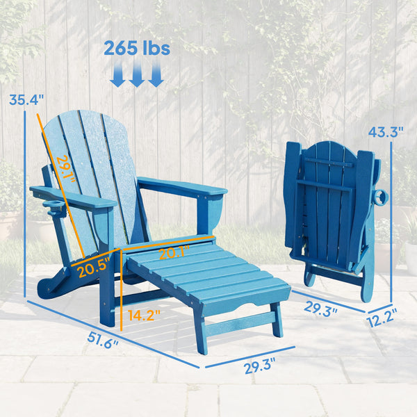 Folding Adirondack Chair Set of 2, Outdoor HDPE Fire Pit Chair with Retractable Ottoman, Cup Holder and Large Seat for Deck, Garden, Backyard, Blue
