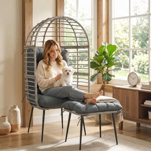 Standing Garden Egg Chair with Footstool, PE Rattan Outdoor Lounge Chair and Ottoman Set with Thick Cushions, Indoor Outdoor Egg Basket Seating for Patio Balcony Porch, Light Grey