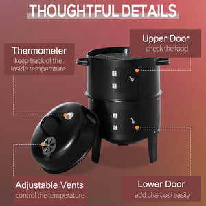 Vertical Charcoal BBQ Smoker, 3-in-1 16" Round Charcoal Barbecue Grill with 2 Cooking Area, and Thermometer for Outdoor Camping Picnic Backyard Cooking, Black