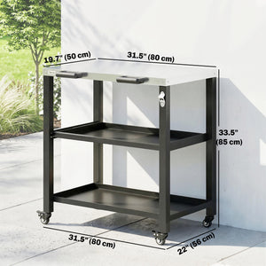 Outdoor Grill Cart with Stainless Steel Tabletop, 2 Shelves, Rolling Prep Dining Cart with Lockable Wheels, Bottle Opener, Pizza Oven Stand Table for Kitchen Prep, Black