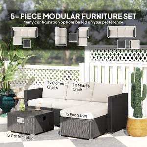 5 Piece Rattan Garden Furniture Set with Gas Fire Pit Table, 4 Seater Outdoor Sectional Sofa Set with Footstool and Removable Cushions, Modular Combination, Black and Cream White