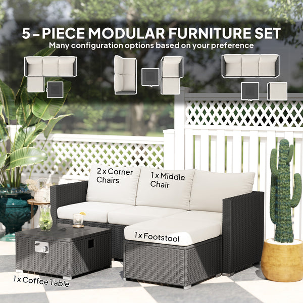 5 Piece Rattan Garden Furniture Set with Gas Fire Pit Table, 4 Seater Outdoor Sectional Sofa Set with Footstool and Removable Cushions, Modular Combination, Black and Cream White