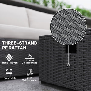 5 Piece Rattan Garden Furniture Set with Gas Fire Pit Table, 4 Seater Outdoor Sectional Sofa Set with Footstool and Removable Cushions, Modular Combination, Black and Cream White