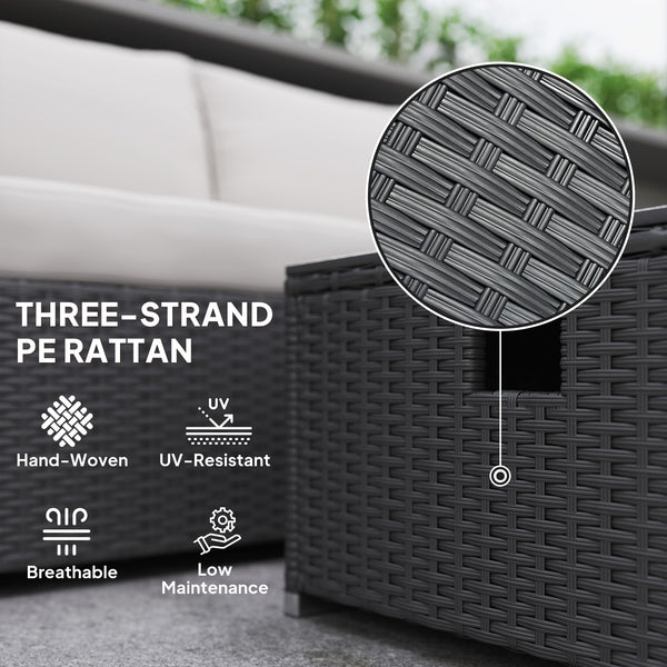 5 Piece Rattan Garden Furniture Set with Gas Fire Pit Table, 4 Seater Outdoor Sectional Sofa Set with Footstool and Removable Cushions, Modular Combination, Black and Cream White