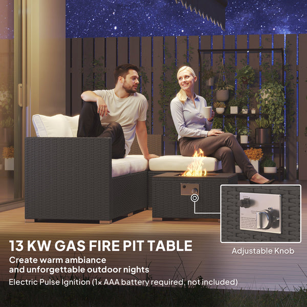 5 Piece Rattan Garden Furniture Set with Gas Fire Pit Table, 4 Seater Outdoor Sectional Sofa Set with Footstool and Removable Cushions, Modular Combination, Black and Cream White