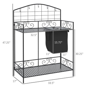 Folding Potting Bench Table, Metal Garden Workstation, Work Bench with Large Build-In Bag with Cover, 5 Hanging Hooks & Storage Shelf, Flourishes