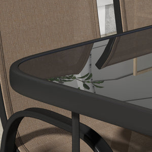 8 Pieces Patio Table and Chairs Set with 9 Ft Patio Umbrella, Outdoor Dining Set with 4.5 Ft Dining Table and 6 Chairs, Push Button Tilt and Crank Parasol, Tempered Glass Top, Mixed Brown