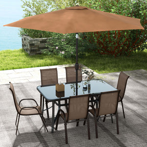 8 Pieces Patio Table and Chairs Set with 9 Ft Patio Umbrella, Outdoor Dining Set with 4.5 Ft Dining Table and 6 Chairs, Push Button Tilt and Crank Parasol, Tempered Glass Top, Mixed Brown
