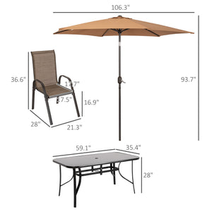 8 Pieces Patio Table and Chairs Set with 9 Ft Patio Umbrella, Outdoor Dining Set with 4.5 Ft Dining Table and 6 Chairs, Push Button Tilt and Crank Parasol, Tempered Glass Top, Mixed Brown