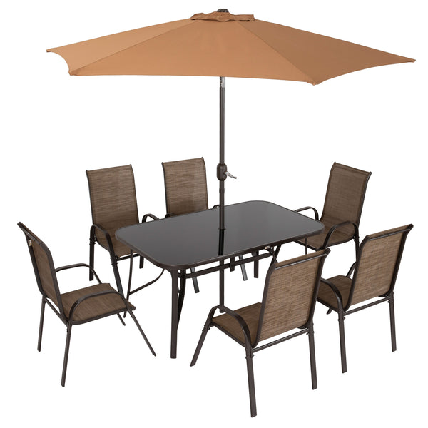 8 Pieces Patio Table and Chairs Set with 9 Ft Patio Umbrella, Outdoor Dining Set with 4.5 Ft Dining Table and 6 Chairs, Push Button Tilt and Crank Parasol, Tempered Glass Top, Mixed Brown