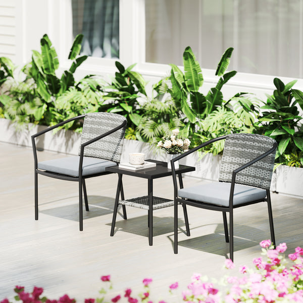 3 Piece Wicker Patio Furniture Set, PE Rattan Bistro Set with Armchairs, 2-Tier Glass-Top Table, Cushions, Outdoor Conversation Furniture for Porch, Balcony, Dark Grey