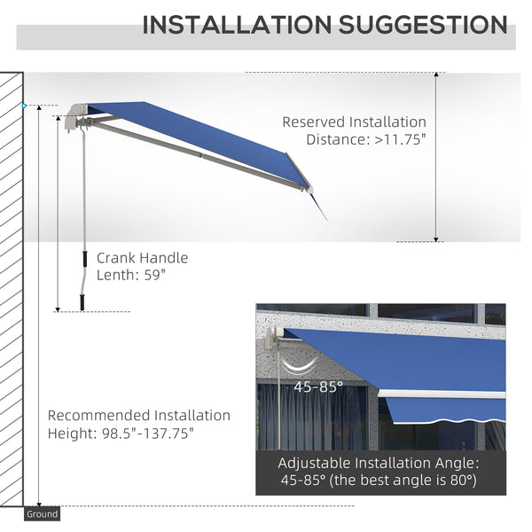 Outsunny 12' x 10' Retractable Awning Patio Awnings Sun Shade Shelter with Manual Crank Handle, 280g/m² UV & Water-Resistant Fabric and Aluminum Frame for Deck, Balcony, Yard, Dark Blue