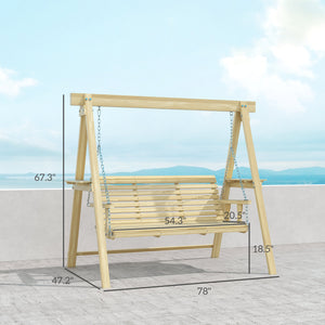 Outsunny 3 Seat Porch Swing with Stand, Wooden Patio Swing Chair with Side Tables and Metal Chains, Outdoor Swing Bench for Garden, Poolside, Backyard, Natural Wood