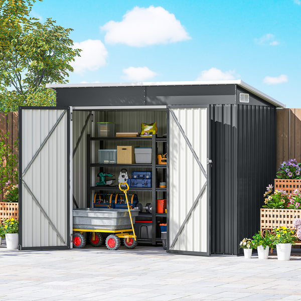 7.5' x 4.3' Outdoor Storage Shed, Waterproof Metal Garden Shed with Gloves, Lockable Doors, Vents and Pitched Roof for Backyard, Patio, Lawn, Poolside, Dark Grey