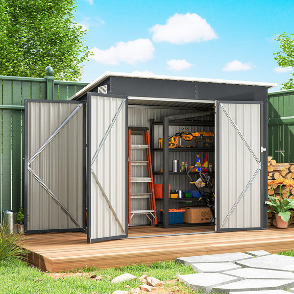 7.5' x 4.3' Outdoor Storage Shed, Waterproof Metal Garden Shed with Gloves, Lockable Doors, Vents and Pitched Roof for Backyard, Patio, Lawn, Poolside, Dark Grey