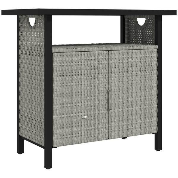 Outsunny Outdoor Pool Towel Storage Cabinet Organizer, Outdoor Bar Table with Shelf and Cabinet, Pool Towel Holder Pool Valet with Weather-Resistant PE Rattan and Steel Frame, Gray