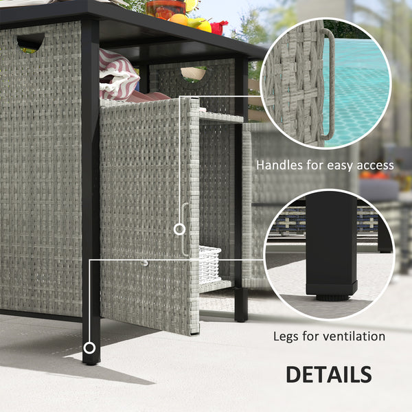 Outsunny Outdoor Pool Towel Storage Cabinet Organizer, Outdoor Bar Table with Shelf and Cabinet, Pool Towel Holder Pool Valet with Weather-Resistant PE Rattan and Steel Frame, Gray