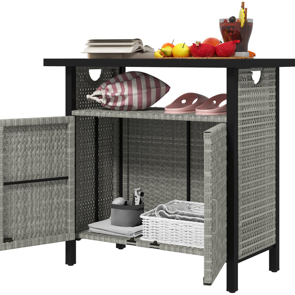 Outsunny Outdoor Pool Towel Storage Cabinet Organizer, Outdoor Bar Table with Shelf and Cabinet, Pool Towel Holder Pool Valet with Weather-Resistant PE Rattan and Steel Frame, Gray