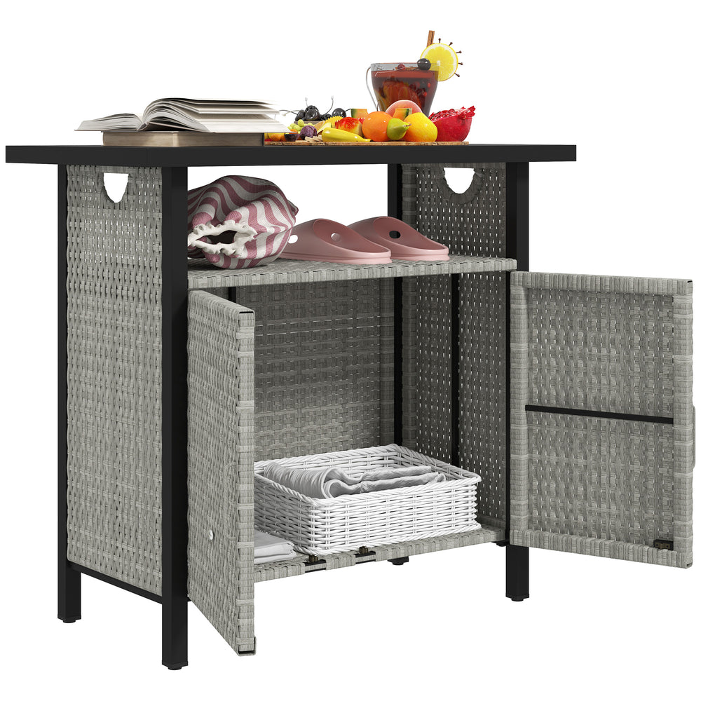 Outsunny Outdoor Pool Towel Storage Cabinet Organizer, Outdoor Bar Table with Shelf and Cabinet, Pool Towel Holder Pool Valet with Weather-Resistant PE Rattan and Steel Frame, Gray