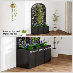 Metal Raised Garden Bed with Trellis for Climbing Plants, Freestanding or Wall Mounted Flower Bed with Cueved Privacy Panel, Leaves Cut-Out Outdoor Planter Box for Garden, Patio, Balcony