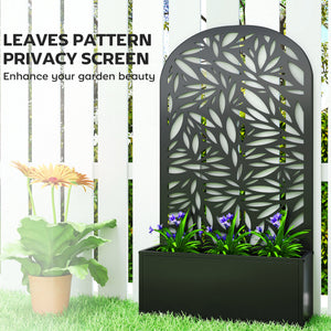 Metal Raised Garden Bed with Trellis for Climbing Plants, Freestanding or Wall Mounted Flower Bed with Cueved Privacy Panel, Leaves Cut-Out Outdoor Planter Box for Garden, Patio, Balcony