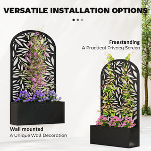 Metal Raised Garden Bed with Trellis for Climbing Plants, Freestanding or Wall Mounted Flower Bed with Cueved Privacy Panel, Leaves Cut-Out Outdoor Planter Box for Garden, Patio, Balcony