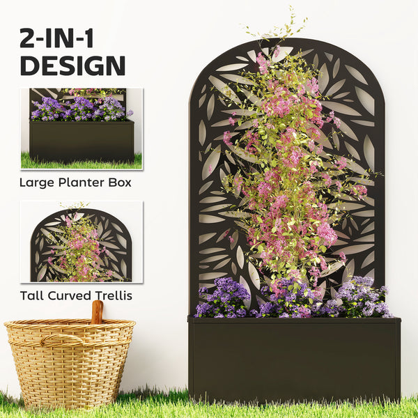 Metal Raised Garden Bed with Trellis for Climbing Plants, Freestanding or Wall Mounted Flower Bed with Cueved Privacy Panel, Leaves Cut-Out Outdoor Planter Box for Garden, Patio, Balcony