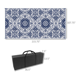 Outdoor Rug for Patio, 9' x 18' Waterproof Large Mat, Reversible Plastic Straw Rug for Decor, Portable Outside RV Camping Area Carpet Mat for Backyard Porch Deck Picnic, Blue & White Floral
