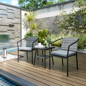 3 Piece Wicker Patio Furniture Set, PE Rattan Bistro Set with Armchairs, 2-Tier Glass-Top Table, Cushions, Outdoor Conversation Furniture for Porch, Balcony, Dark Grey