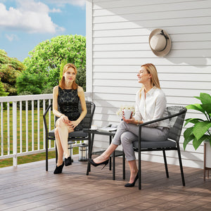 3 Piece Wicker Patio Furniture Set, PE Rattan Bistro Set with Armchairs, 2-Tier Glass-Top Table, Cushions, Outdoor Conversation Furniture for Porch, Balcony, Dark Grey