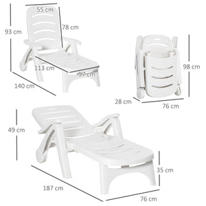 Outdoor Folding Plastic Chaise Lounge Chair on Wheels, 2 Piece Set Patio Sun Lounger Recliner & 5-Position Backrest for Garden, Beach, Pool, White