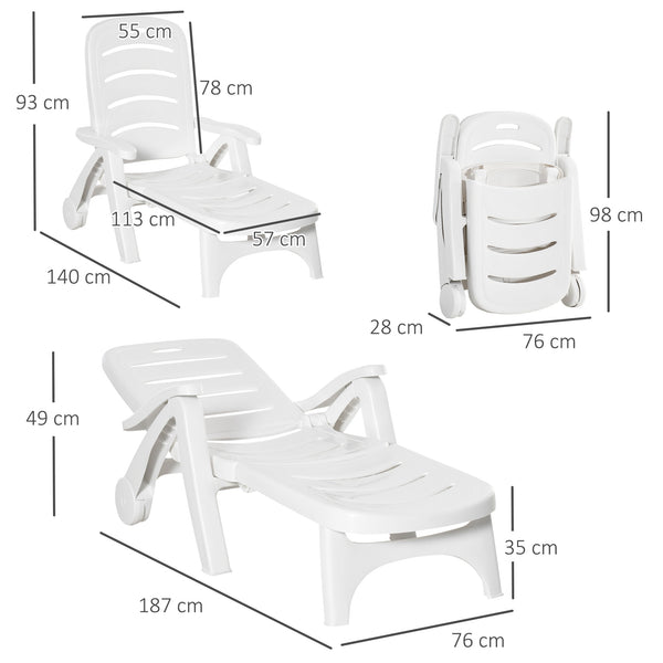 Outdoor Folding Plastic Chaise Lounge Chair on Wheels, 2 Piece Set Patio Sun Lounger Recliner & 5-Position Backrest for Garden, Beach, Pool, White