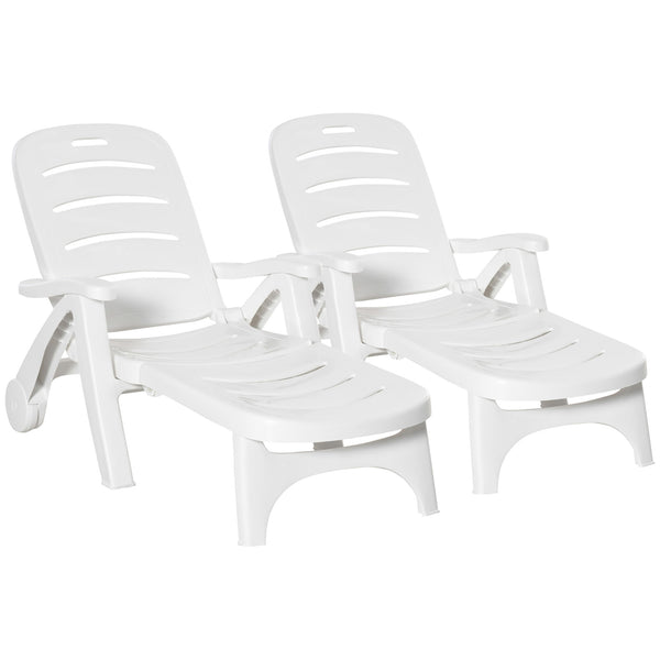 Outdoor Folding Plastic Chaise Lounge Chair on Wheels, 2 Piece Set Patio Sun Lounger Recliner & 5-Position Backrest for Garden, Beach, Pool, White