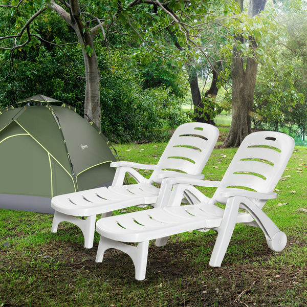 Outdoor Folding Plastic Chaise Lounge Chair on Wheels, 2 Piece Set Patio Sun Lounger Recliner & 5-Position Backrest for Garden, Beach, Pool, White