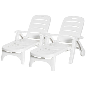 Outdoor Folding Plastic Chaise Lounge Chair on Wheels, 2 Piece Set Patio Sun Lounger Recliner & 5-Position Backrest for Garden, Beach, Pool, White
