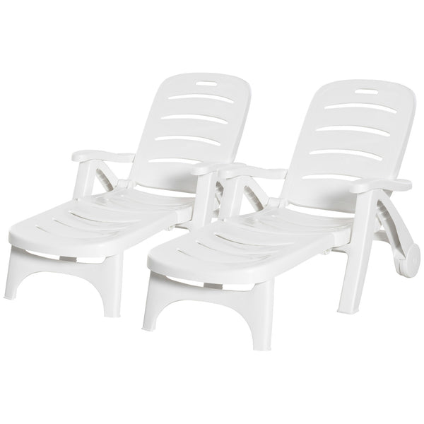 Outdoor Folding Plastic Chaise Lounge Chair on Wheels, 2 Piece Set Patio Sun Lounger Recliner & 5-Position Backrest for Garden, Beach, Pool, White