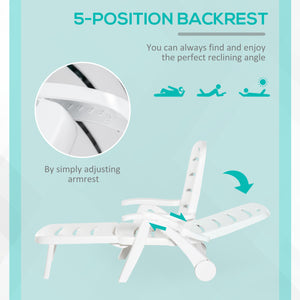 Outdoor Folding Plastic Chaise Lounge Chair on Wheels, 2 Piece Set Patio Sun Lounger Recliner & 5-Position Backrest for Garden, Beach, Pool, White