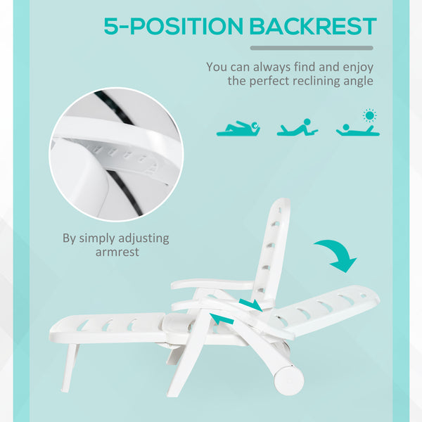 Outdoor Folding Plastic Chaise Lounge Chair on Wheels, 2 Piece Set Patio Sun Lounger Recliner & 5-Position Backrest for Garden, Beach, Pool, White