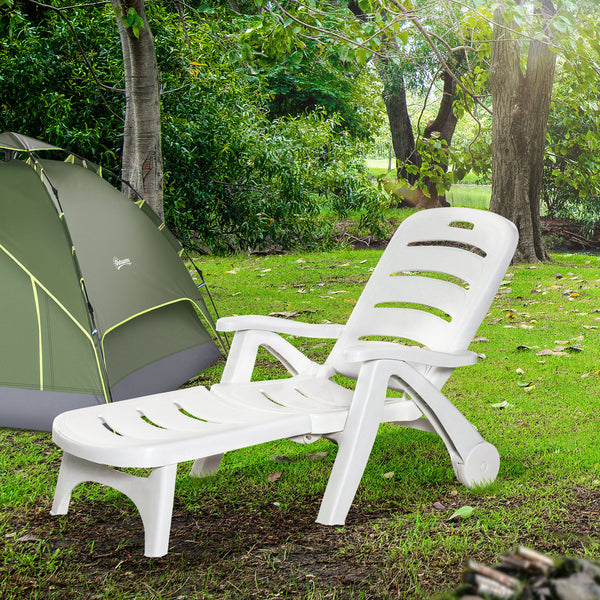 Outdoor Folding Plastic Chaise Lounge Chair on Wheels, 2 Piece Set Patio Sun Lounger Recliner & 5-Position Backrest for Garden, Beach, Pool, White