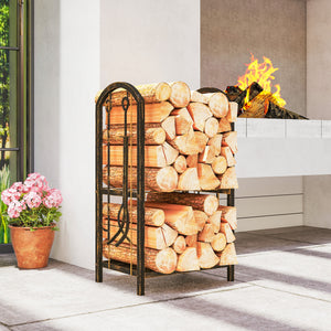 17 Inch Firewood Rack with 4 Fireplace Tools, 2-Tier Heavy Duty Steel Log Store Indoors with Hooks, 220 lb Capacity Fireplace Log Storage Holder for Outdoor, Coffee Brown