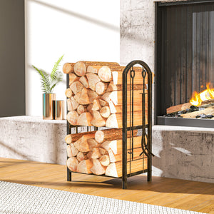 17 Inch Firewood Rack with 4 Fireplace Tools, 2-Tier Heavy Duty Steel Log Store Indoors with Hooks, 220 lb Capacity Fireplace Log Storage Holder for Outdoor, Coffee Brown
