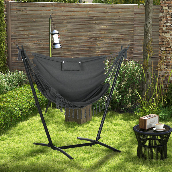 Patio Hammock Chair with Stand, Outdoor Hammock Swing Hanging Lounge Chair with Side Pocket and Headrest, Dark Grey
