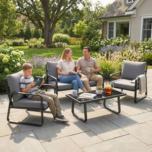 4 Piece Garden Furniture Set, Outdoor Sofa Set with Loveseat, 2 Armchairs, Coffee Table and Cushions, Patio Furniture Conversation Set for Poolside Porch, Black